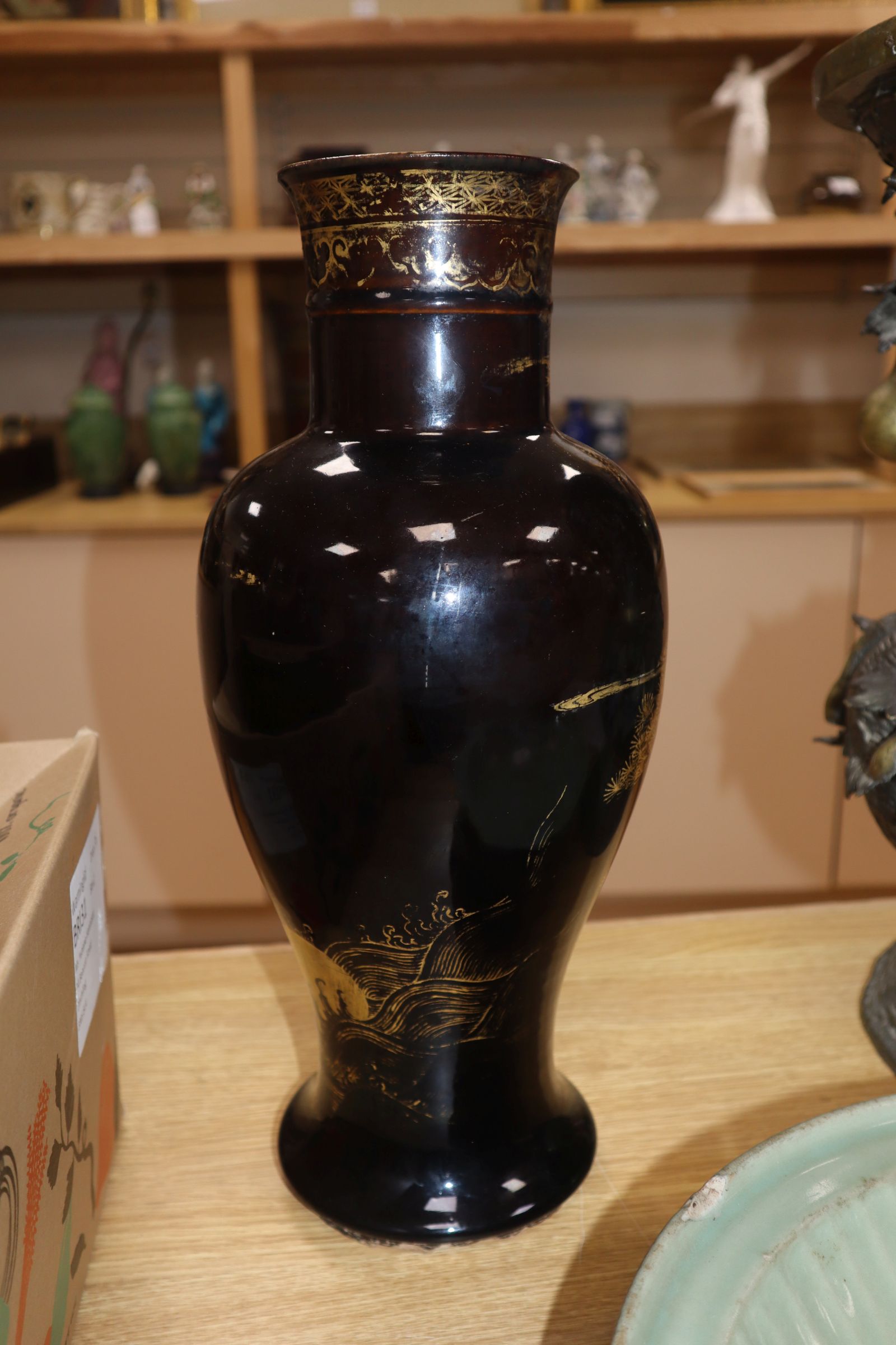 An 18th century Chinese gilt decorated mirror black glazed baluster vase, drilled hole - Image 5 of 7