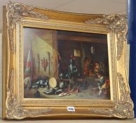 Continental School (20th century), a Dutch style scene of an armoury, with figures, oil on board,