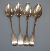 Two pairs of early 19th century silver fiddle pattern tablespoons, London, 1816 and Dublin, 1826,