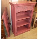 A red painted three shelf bookcase and a wall mounted two door panel (2) cabinet W.68cm