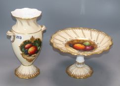 A Coalport porcelain vase and a Coalport tazza painted by Malcolm Barratt