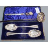 A cased pair of Victorian silver berry spoons, a Georgian toddy ladle and a 925 letter opener.