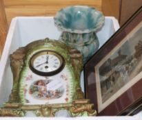 A pottery painted timepiece, a vase and two prints