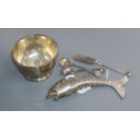 A Mexican white metal reticulated fish, a silver sugar bowl, two silver condiment spoons and a