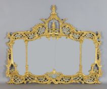 A Chinese Chippendale style giltwood overmantel, with triple plate, carved and pierced with