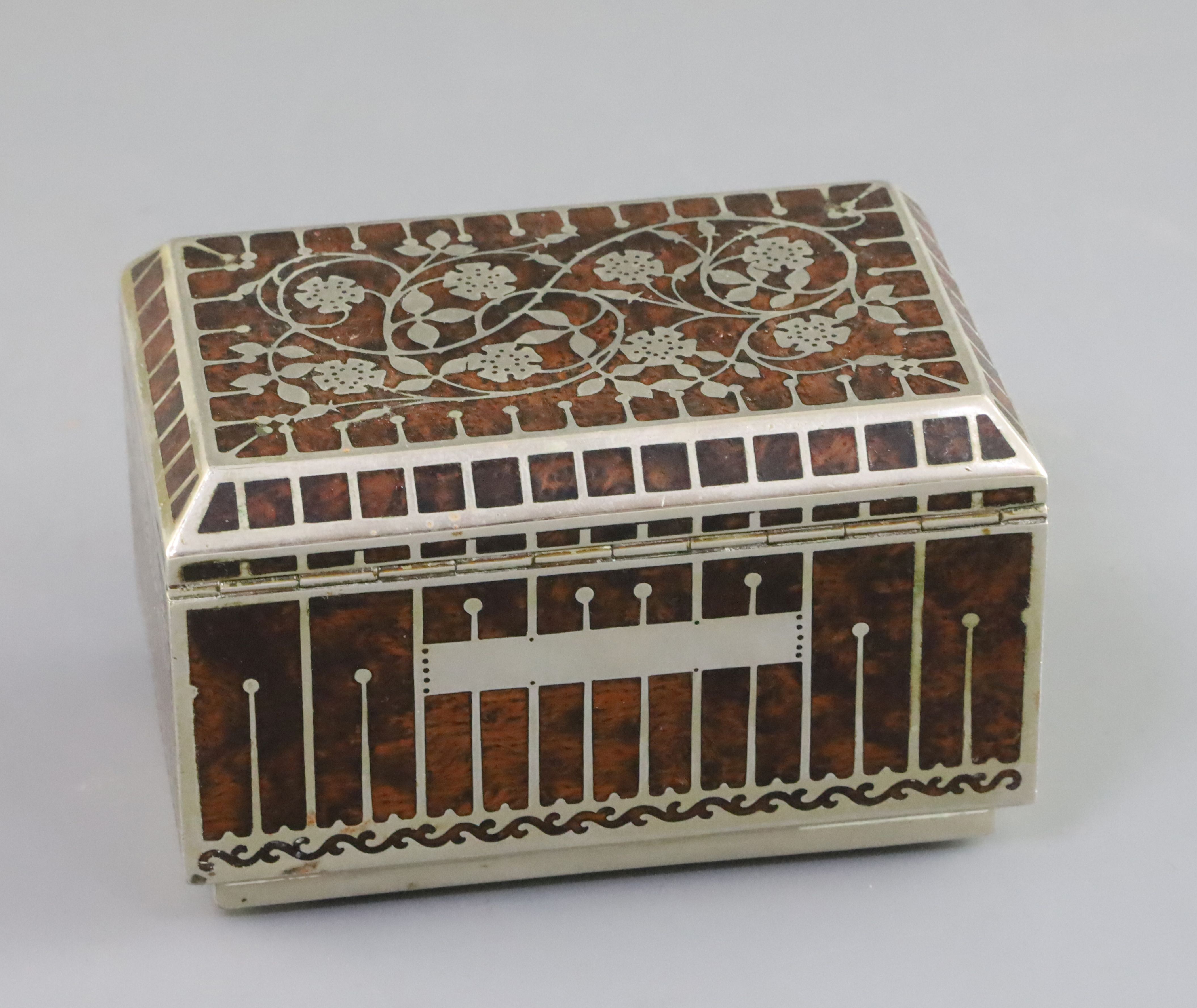 An Erhard and Sohne silvered metal and burr wood casket, decorated with dog roses, 5in., with key - Image 2 of 2