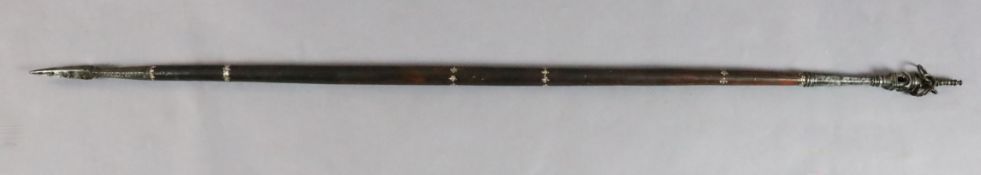 An Indian wood and iron Buddhist monk's walking staff (Khakkhara), 17th/18th century, with pagoda