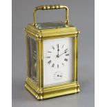 A late 19th century French ormolu quarter repeating carriage alarum clock, in gorge case, with
