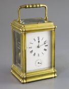 A late 19th century French ormolu quarter repeating carriage alarum clock, in gorge case, with