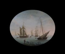 Early 19th century Continental Schooloil on copper panelShipping on a calm sea with figures on the