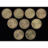 Nine gold full sovereigns, 1880, 1896, 1914, 1930, 1963, 1965(2), 1967 & 1979.