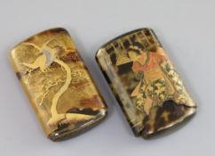 Two Japanese lacquered tortoiseshell cigar cases, Meiji period, one decorated with a lady to each