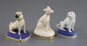 Two rare Charles Bourne porcelain figures of dogs, c.1817-30, comprising a seated pug on a dry