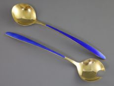 A pair of 1960's Norwegian sterling silver gilt and blue enamel salad servers by David Andersen,