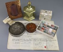 A group of assorted curios including a Thomas Carlisle brass commemorative casket, 6.25in., a