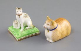 Two Chamberlain Worcester figures of cats, c.1820-40, the first a group of a tabby cat and recumbent