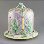 A Victorian majolica cheese dome and stand, decorated with ferns, H. 12.25in., faults