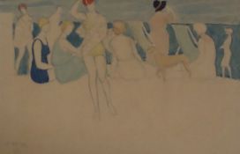 Joseph Edward Southall RWS (1861-1944)pencil and watercolour'Bathers on the beach' monogrammed and