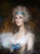 Attributed to John Russell RA (1745-1806)pastelPortrait of a lady wearing blue ribbons in her hair