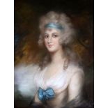 Attributed to John Russell RA (1745-1806)pastelPortrait of a lady wearing blue ribbons in her hair