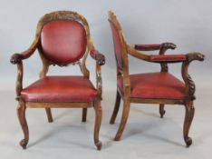 A set of six mid 19th century Anglo Indian carved padouk elbow chairs, carved with tigers heads