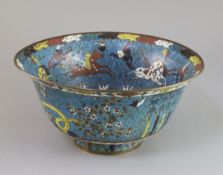 A late 19th century Japanese cloisonne enamel bowl, decorated with a band of horses and prunus