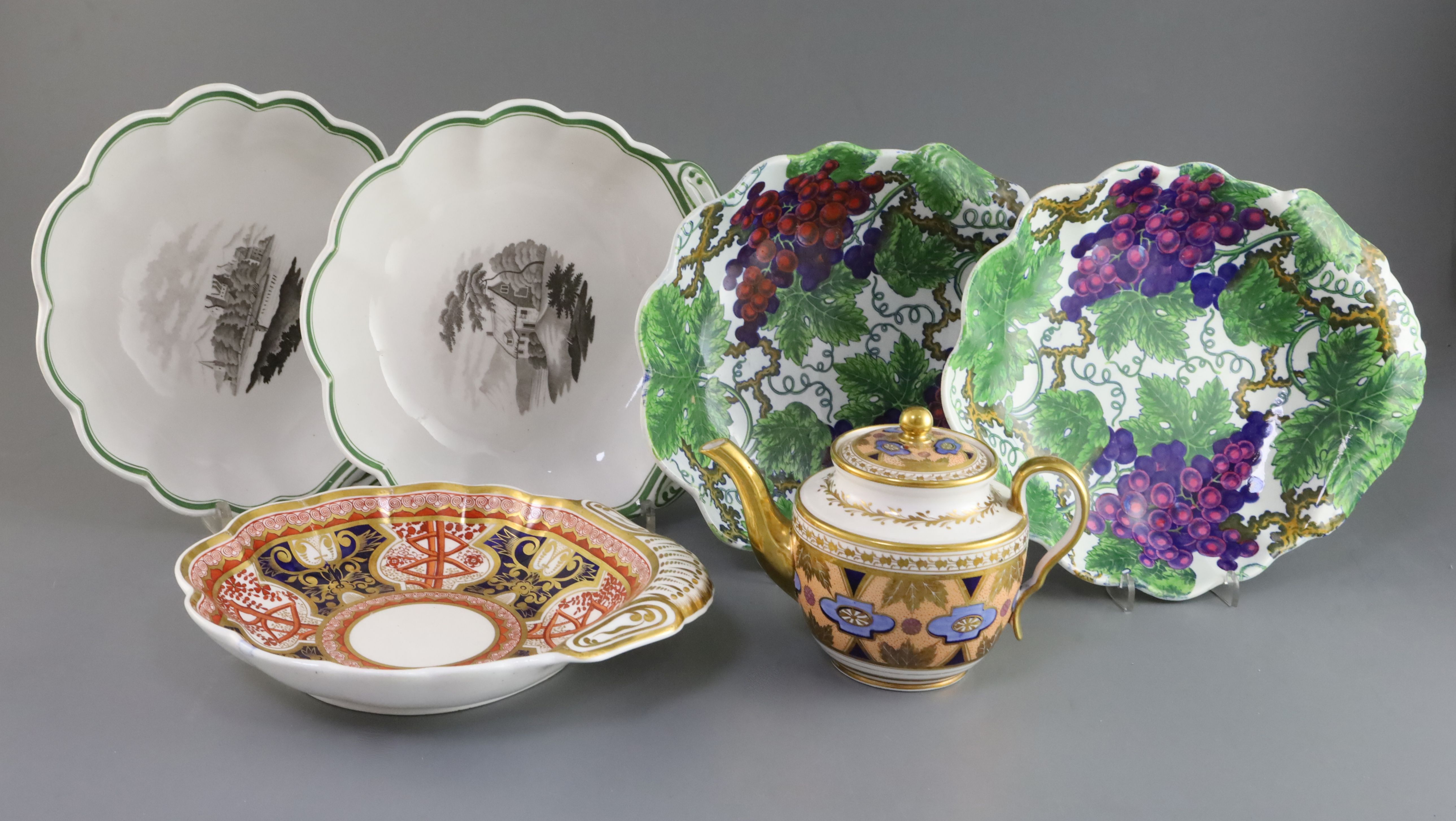 A group of early 19th century Spode, to include two pairs of scallop-shaped dishes, a similar gilt