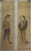 A pair of Chinese scroll paintings on paper of beauties, 19th century, each inscribed, Image 91cm