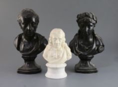 A pair of early 19th century bronzed plaster busts of Virgil and Pope, 10.5in., and a Copeland &