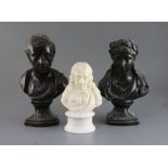 A pair of early 19th century bronzed plaster busts of Virgil and Pope, 10.5in., and a Copeland &