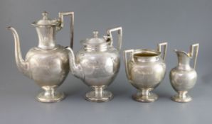 A Victorian four piece silver vase shaped pedestal tea and coffee set, by Martin, Hall & Co, with