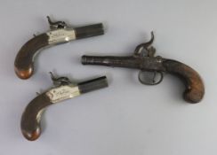 A pair of early 19th century Lacey & Co of London box lock muff pistols, with octagonal barrels, 5.