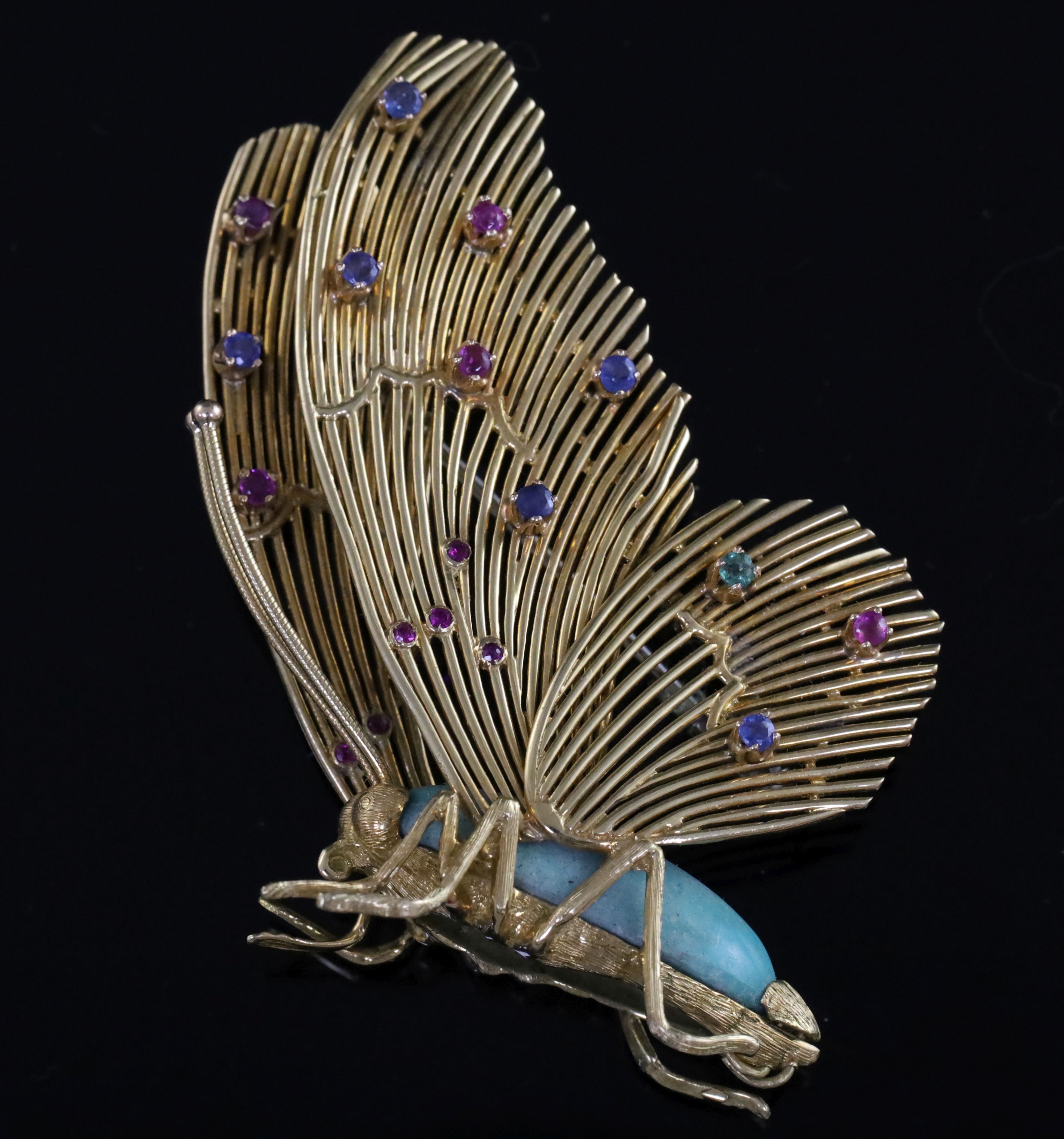 An Italian 750 gold, turquoise and multi gem set brooch, modelled as a butterfly, with wire work