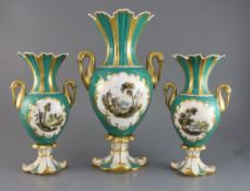 A garniture of three Rockingham porcelain vases, c.1830-42, each painted with river landscapes,