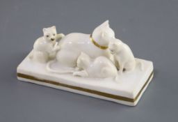 A Rockingham porcelain group of a cat and three kittens, c.1826-30, in gilt and white, inscribed