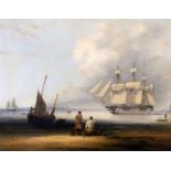Attributed to Robert Strickland Thomas (1787-1853)pair of oils on canvasA warship off the coast