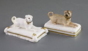 Two Minton porcelain figures of recumbent pug dogs, c.1831-40, the first in gilt and white on a