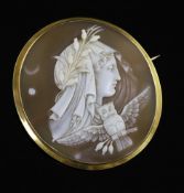 A case Victorian gold mounted oval cameo brooch, carved with Athena and the owl, 46mm.