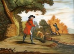 After Samuel Howitt, an early 19th century reverse painting on glass, Sportsmen shooting pheasant, 7