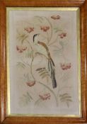 A Victorian needlework panel depicting a bird perched upon fruiting rowan branches, 29 x 20in.,