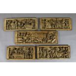 A set of five 16th century Flemish relief carved oak panels, depicting the parable of the Prodigal