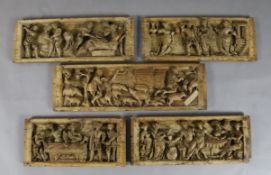 A set of five 16th century Flemish relief carved oak panels, depicting the parable of the Prodigal