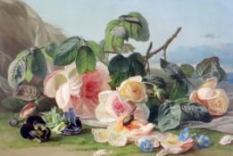Theude Gronland (1817-1876)oil on panelStill life of roses, pansies and a beetlesigned8.25 x 12in.