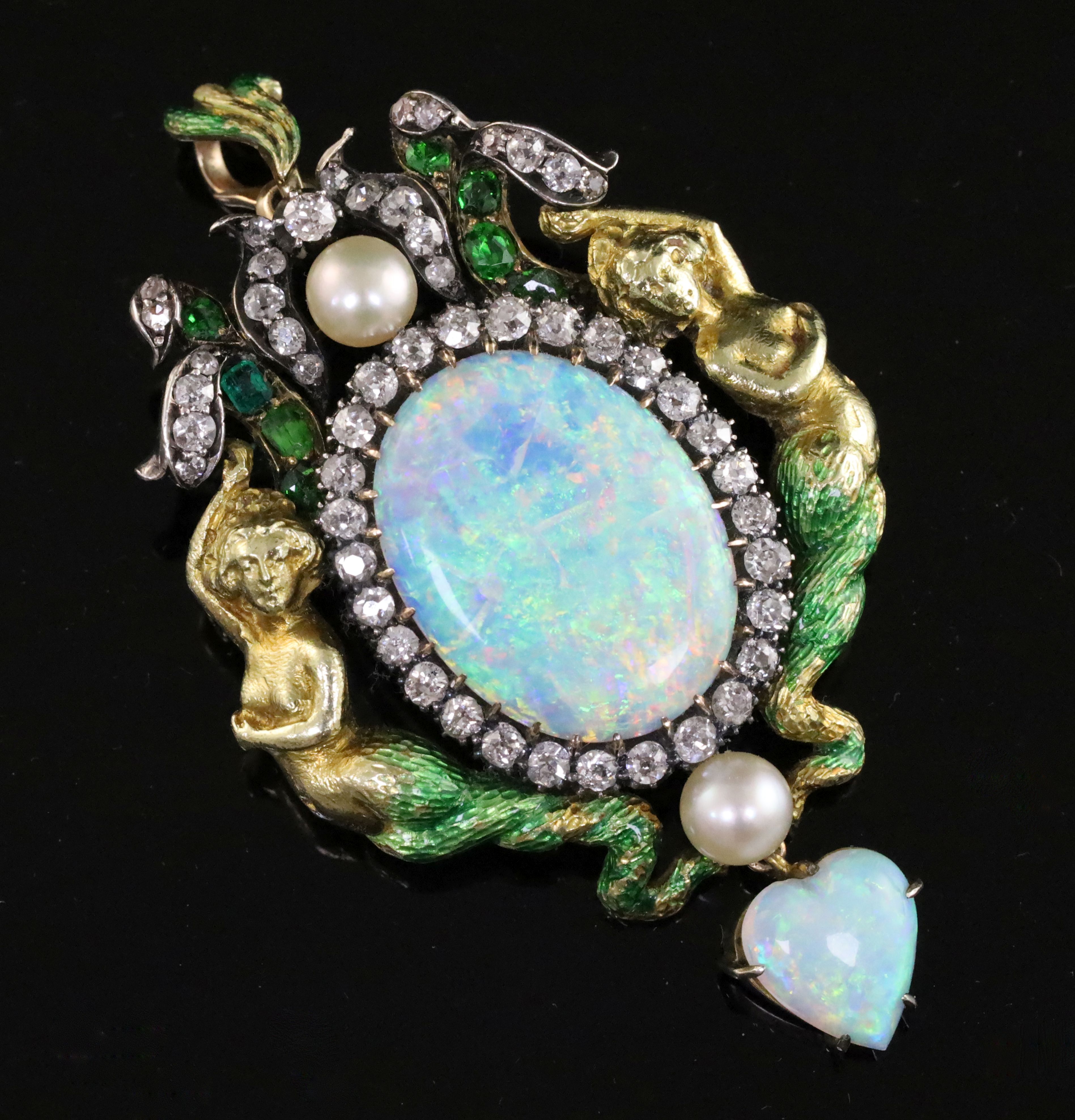 A good Victorian Renaissance revival gold and silver, white opal, green enamel, pearl diamond and