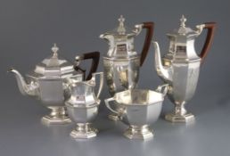 A mid 20th century Mappin & Webb silver five piece tea and coffee service, of octagonal pedestal