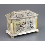 A Regency engraved and inlaid mother of pearl sarcophagus tea caddy, with bowfront and two