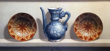 § Frederick Clifford Harrison (1901-1984)oil on boardIsnik ewer and two Spanish platesinitialled and
