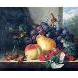 Edward Ladell (1821-1886)oil on canvasStill life with wine glass, grapes, a pear, peaches,