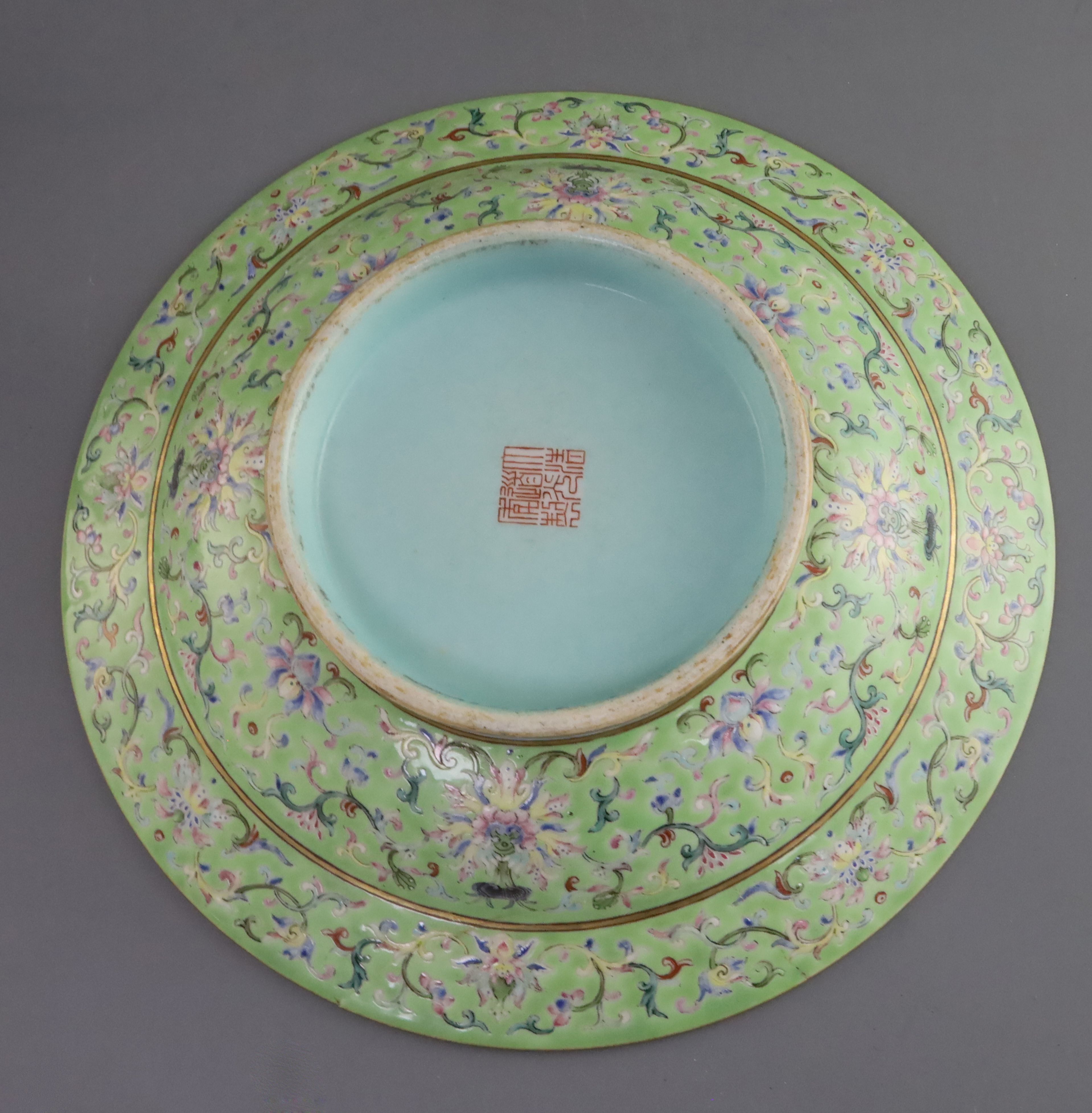 A Chinese lime green ground footed dish, Daoguang seal mark and of the period (1821-1850), finely - Image 3 of 3