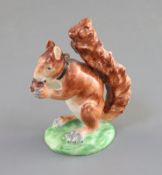 A Derby porcelain figure of a red squirrel, c.1800-30, seated on a green mound base, incised '2', H.